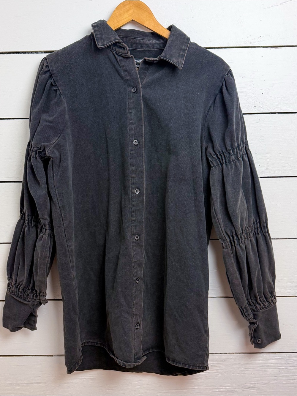 Misguided XS 0 Black Denim Button Front Shirt Ruffle Sleeve
